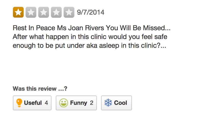 Illustration for article titled While Celebs Attend Joan Rivers' Funeral, Fans Slam Clinic's Yelp Page